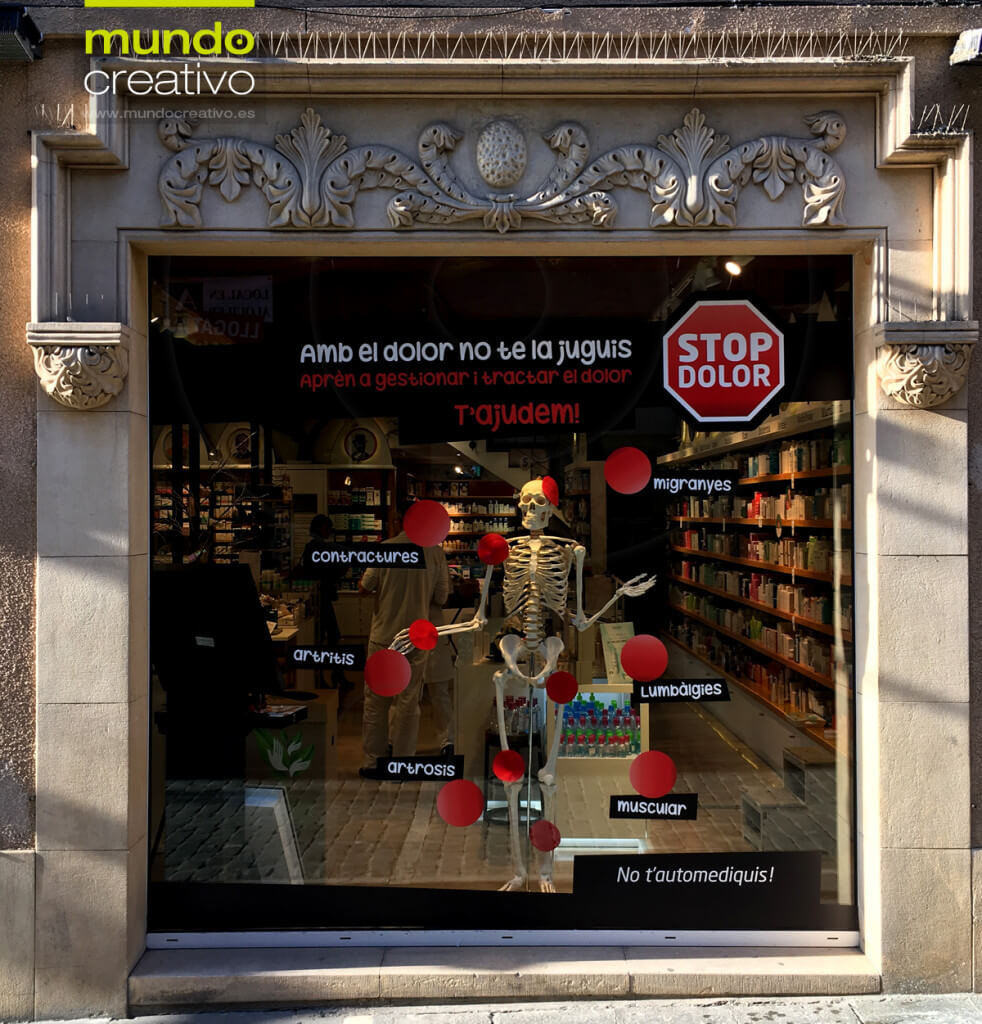 Escparate campaña Dolor en Farmacia Santa maria 1, Barcelona. Mundo Creativo